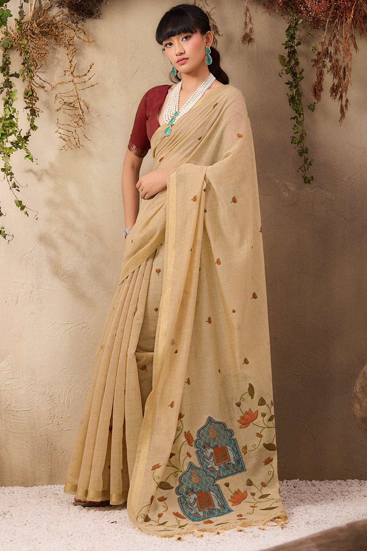 Brandy Beige Munga Cotton Silk Saree