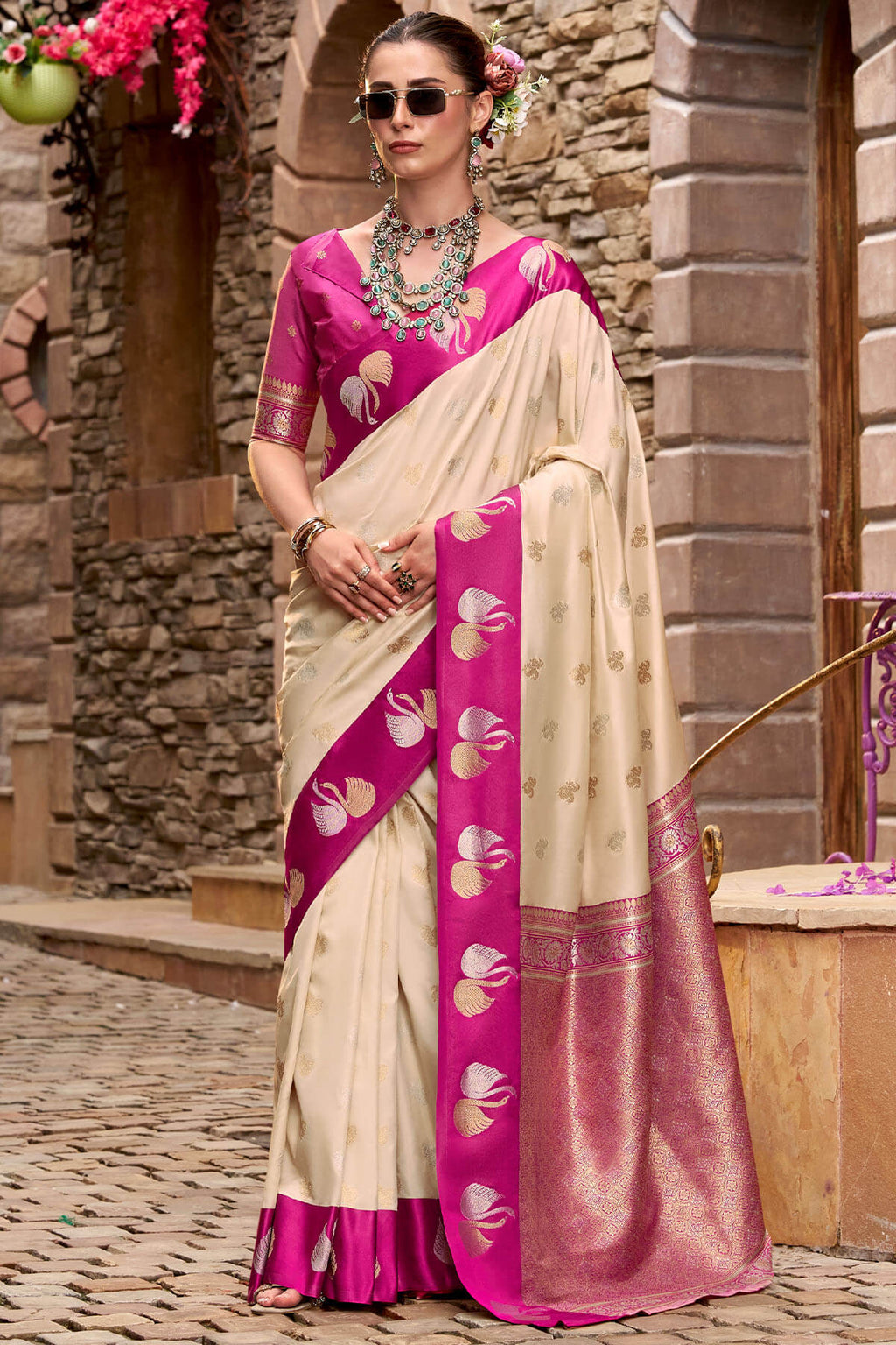 Brandy Beige Satin Silk Saree