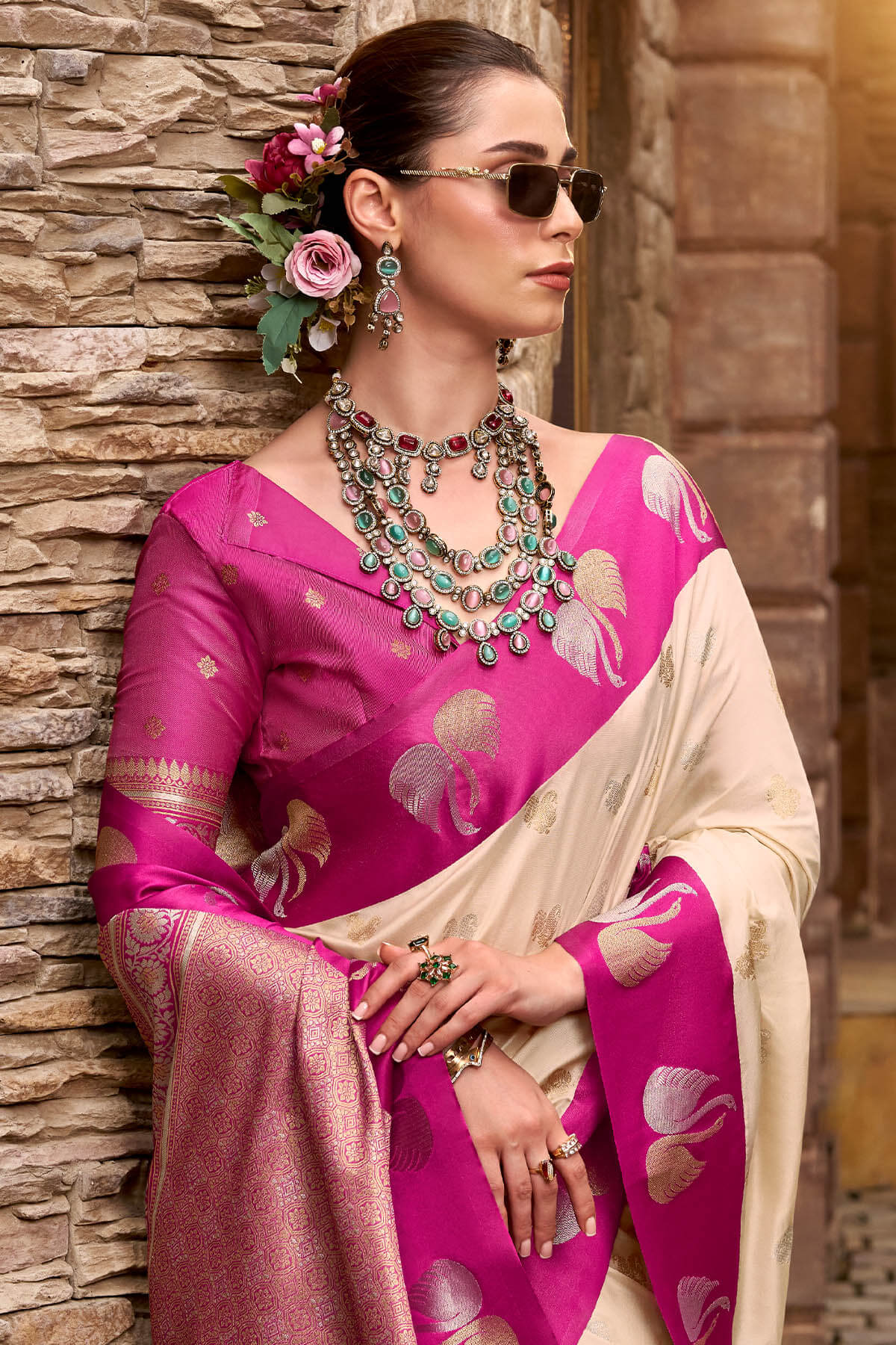 Brandy Beige Satin Silk Saree