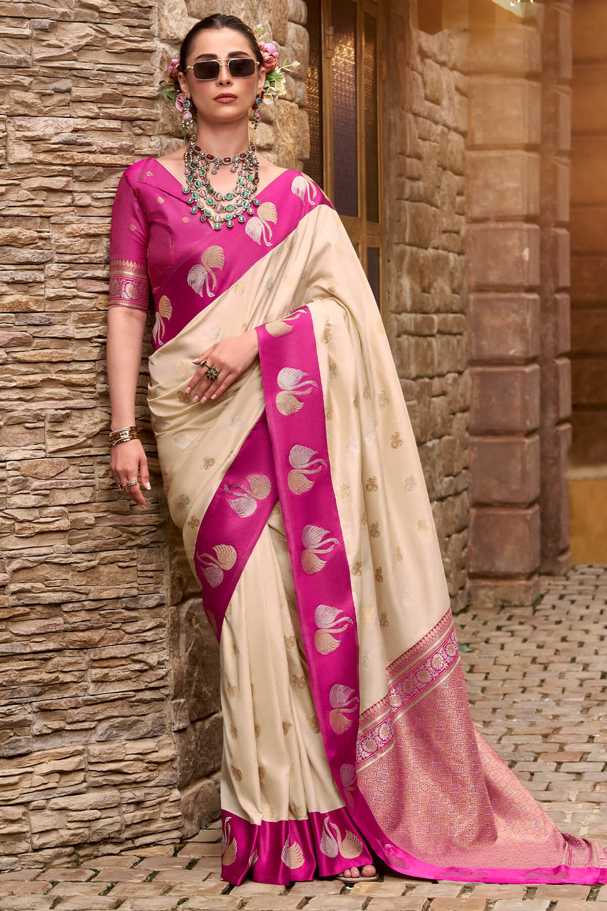 Brandy Beige Satin Silk Saree
