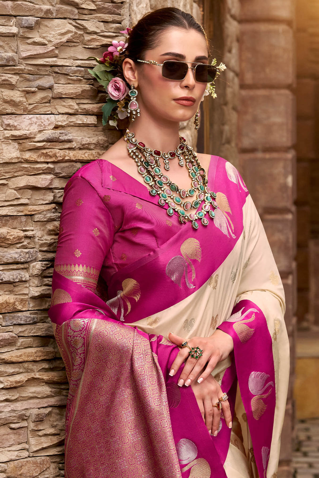 Brandy Beige Satin Silk Saree
