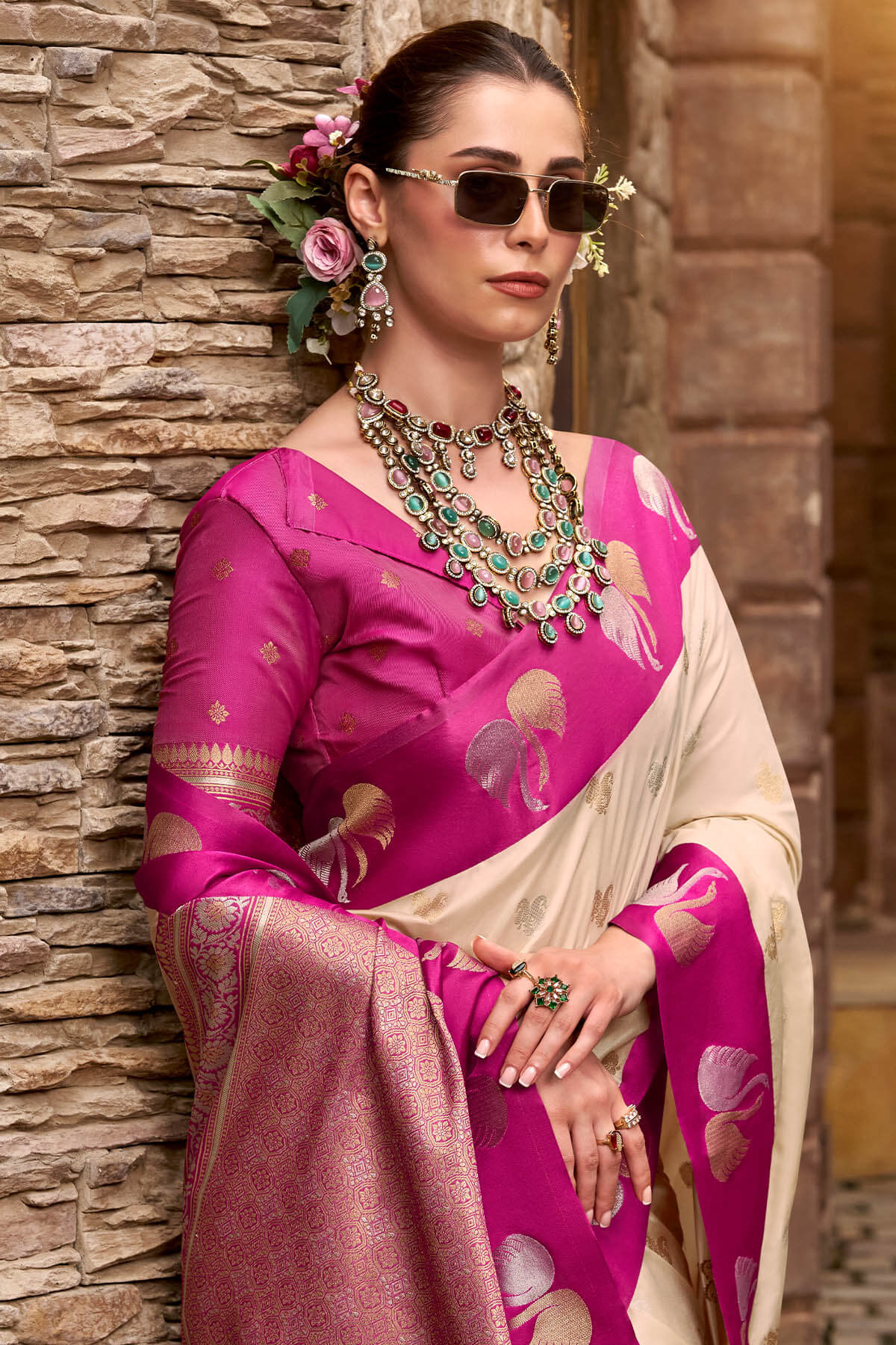 Brandy Beige Satin Silk Saree