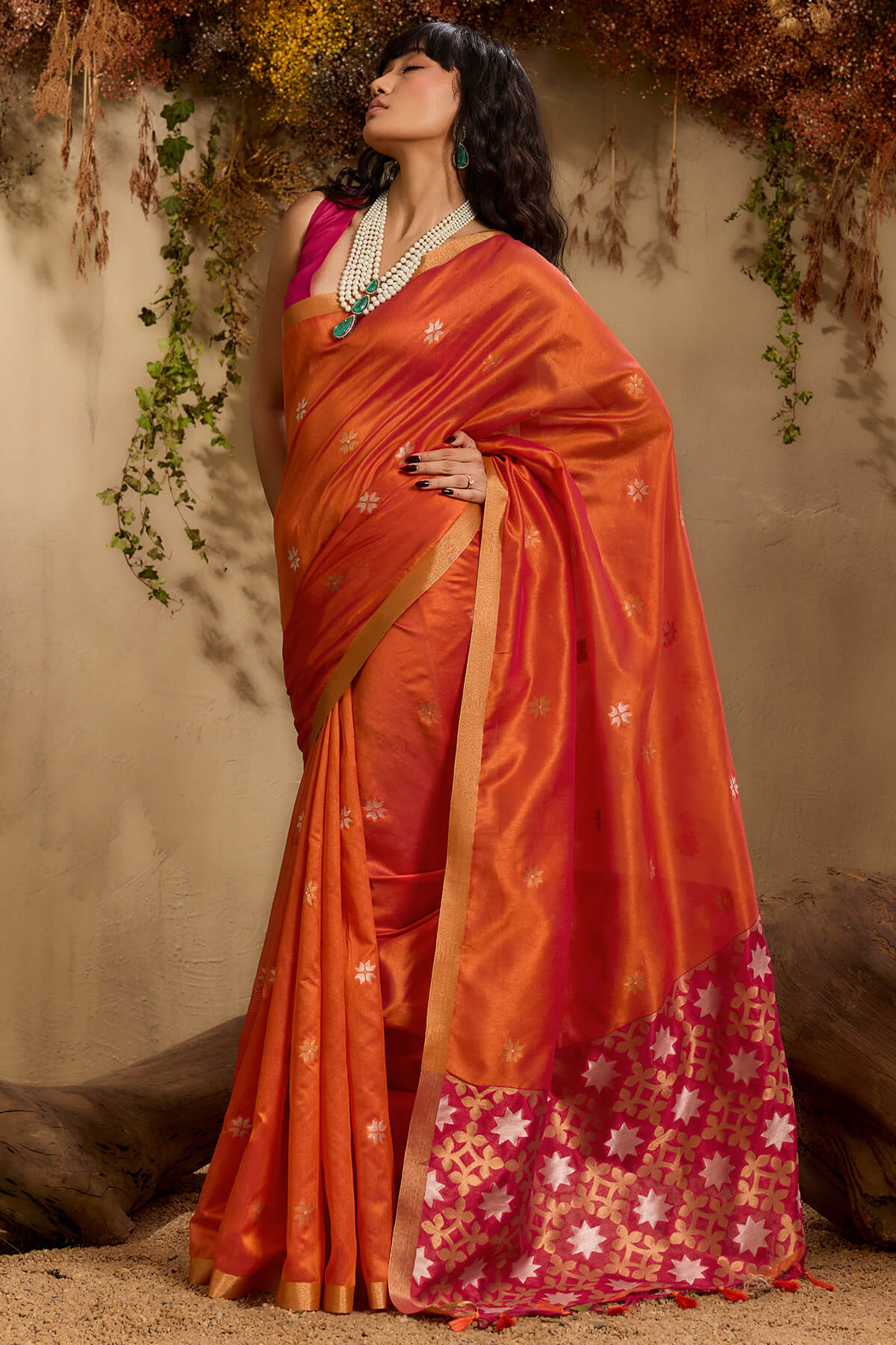 Brick Orange Woven Tussar Silk Saree