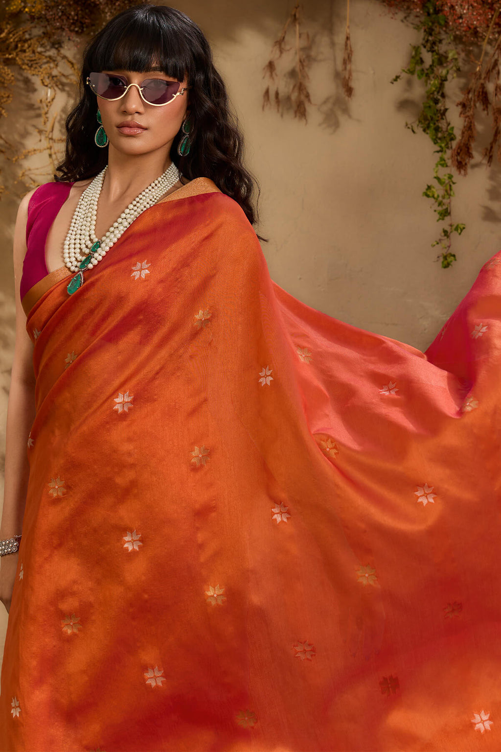 Brick Orange Woven Tussar Silk Saree