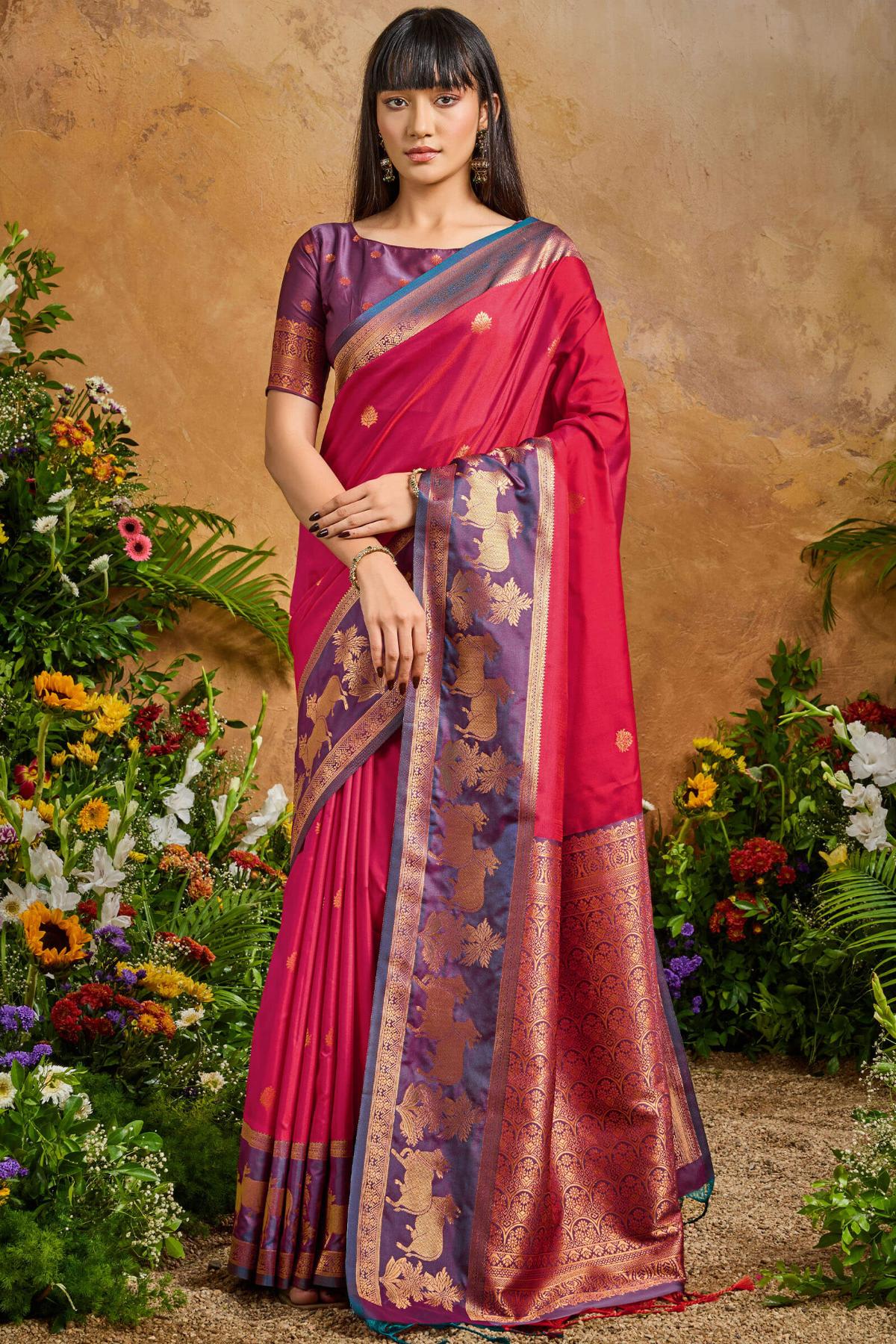 Bright Maroon Banarasi Pichwai Silk Saree