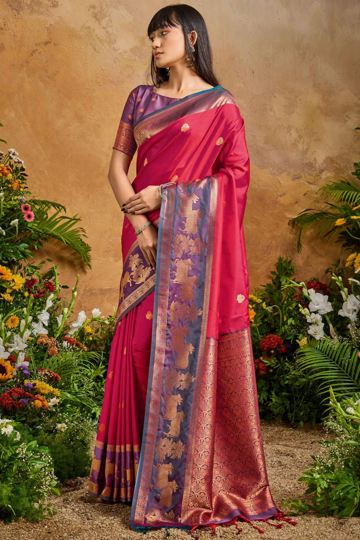 Bright Maroon Banarasi Pichwai Silk Saree