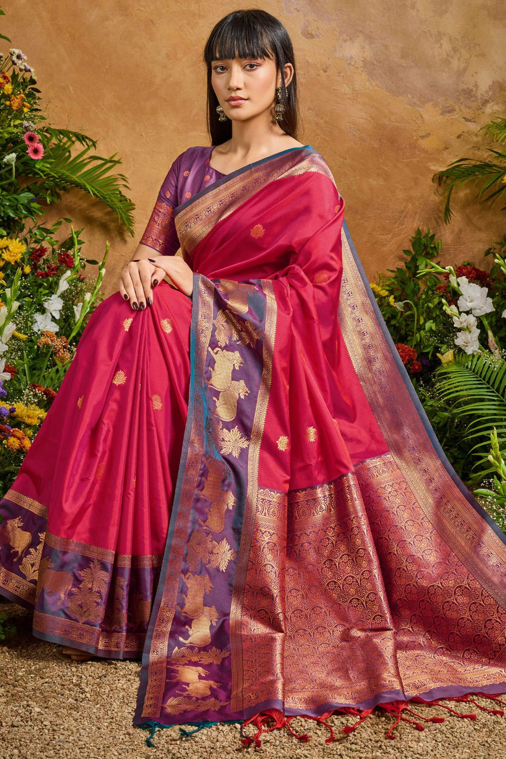 Bright Maroon Banarasi Pichwai Silk Saree