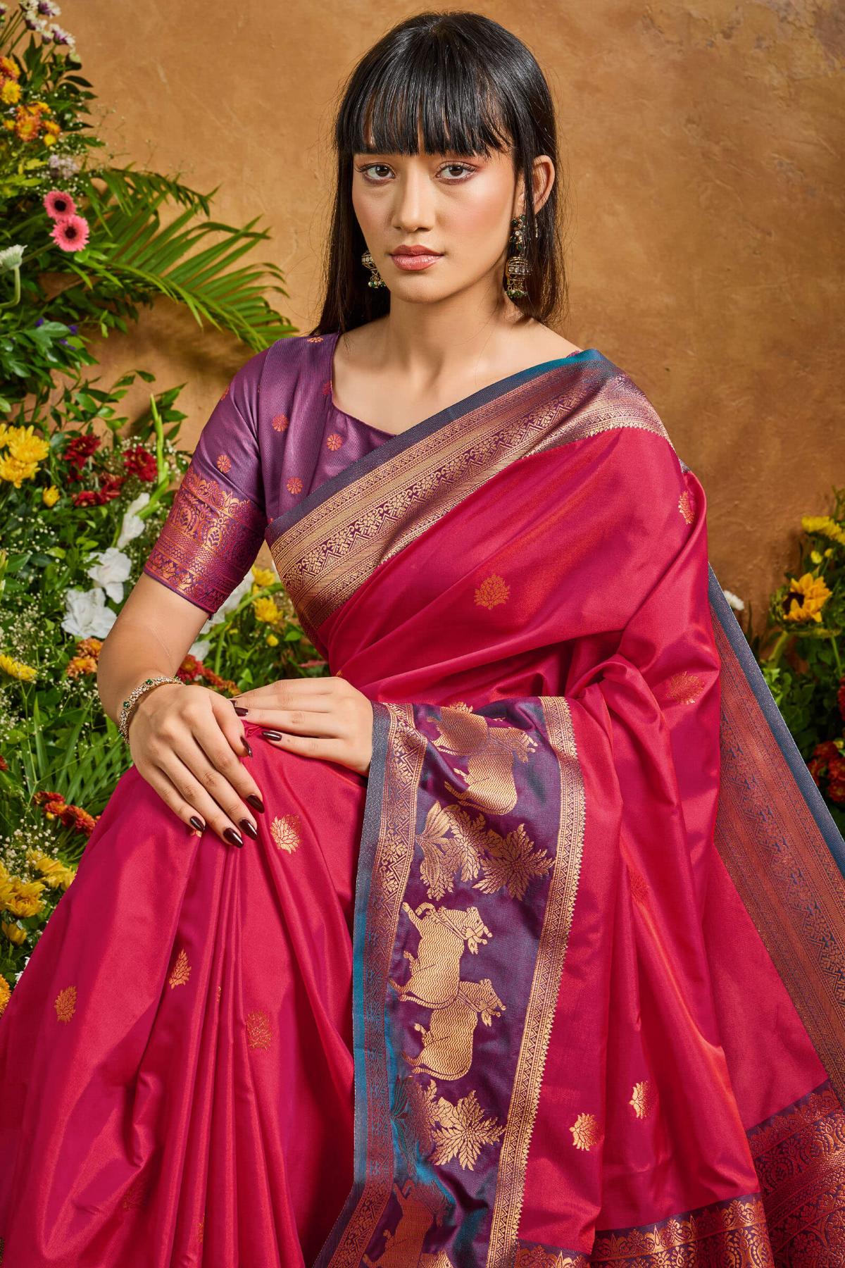 Bright Maroon Banarasi Pichwai Silk Saree