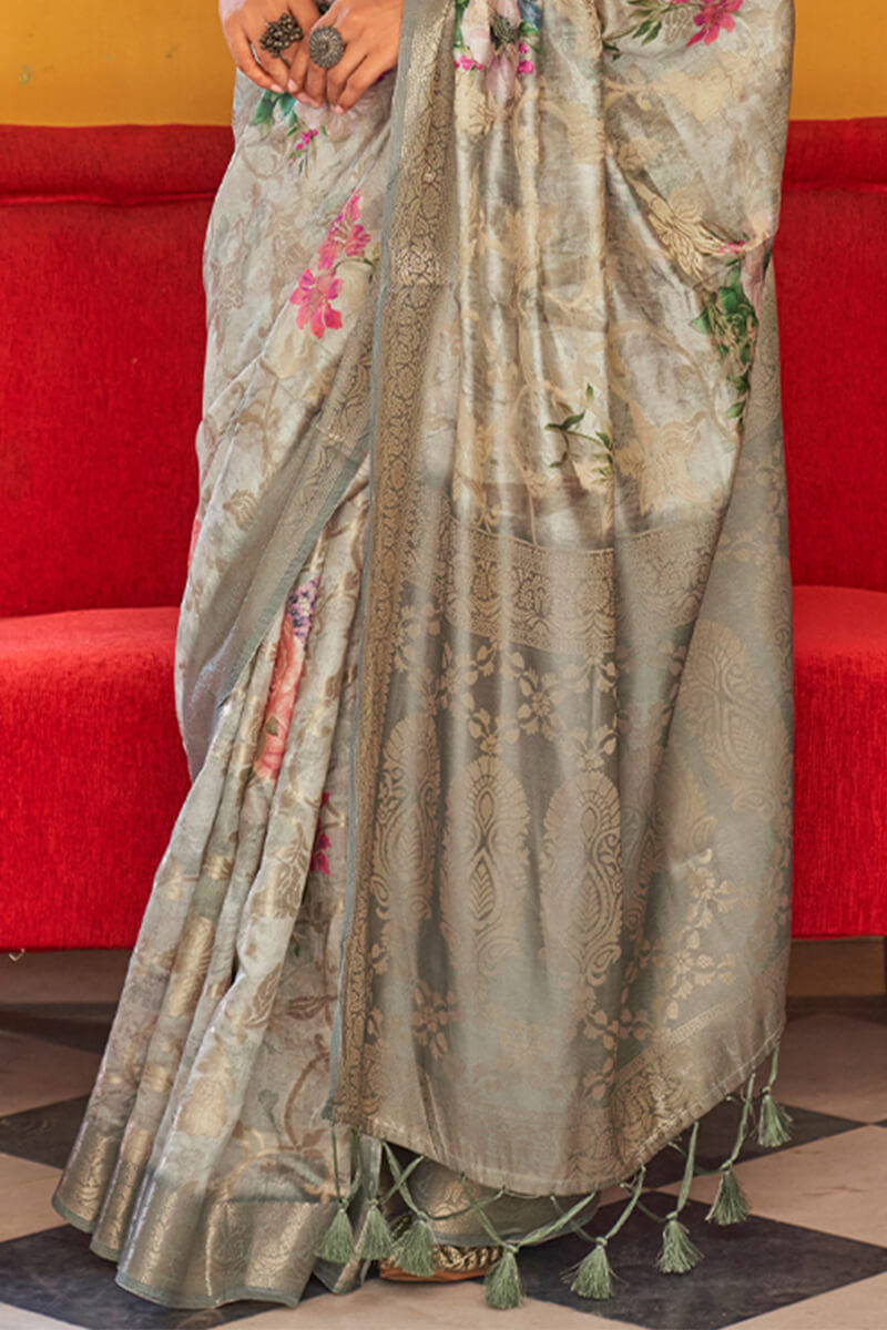 Bronco Beige Zari Woven Digital Printed Soft Cotton Silk Saree