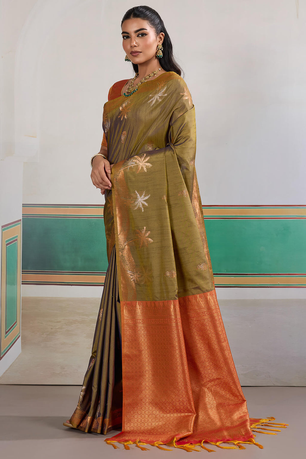 Brownish Green Banarasi Tussar Silk Saree