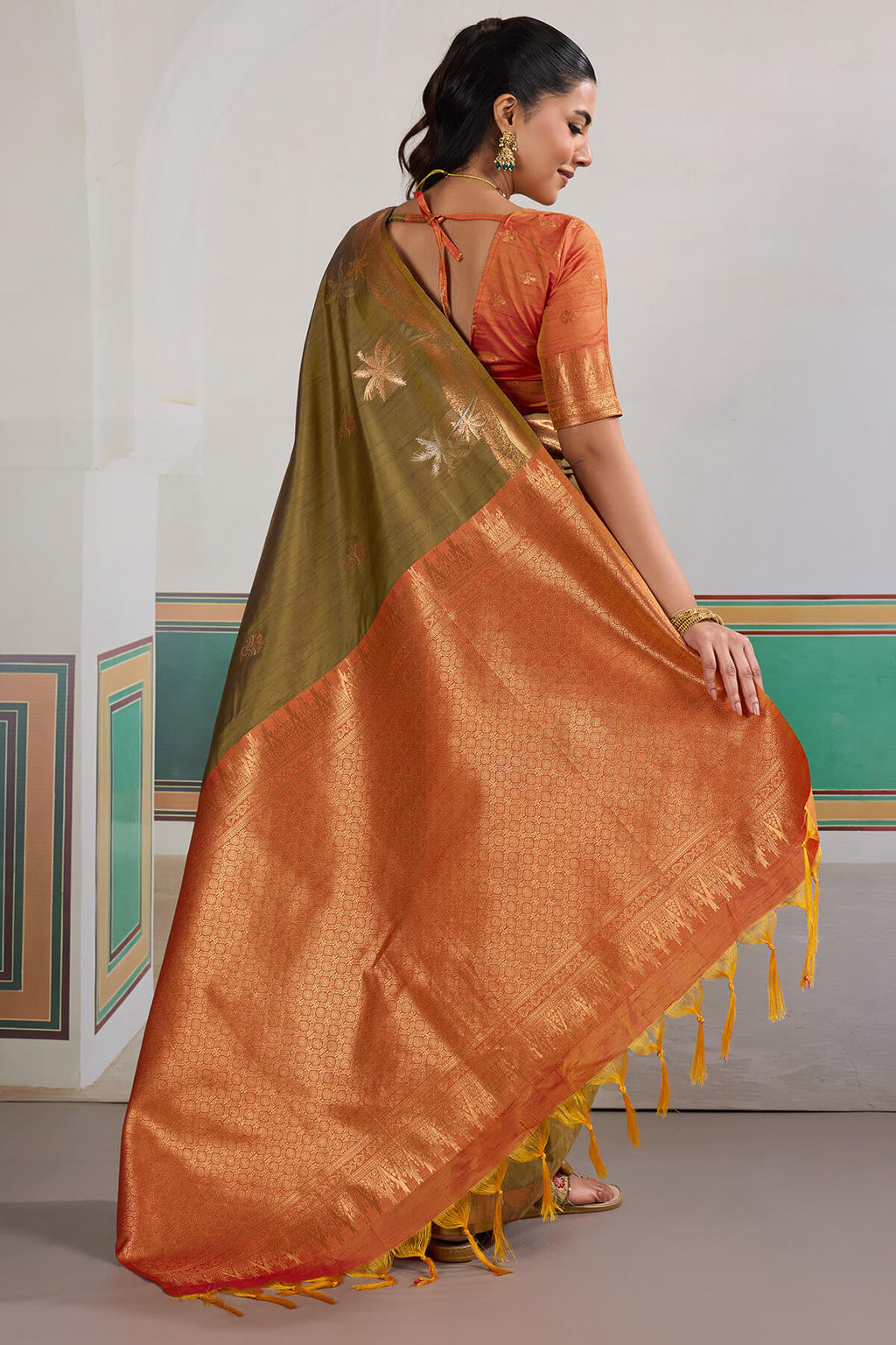 Brownish Green Banarasi Tussar Silk Saree