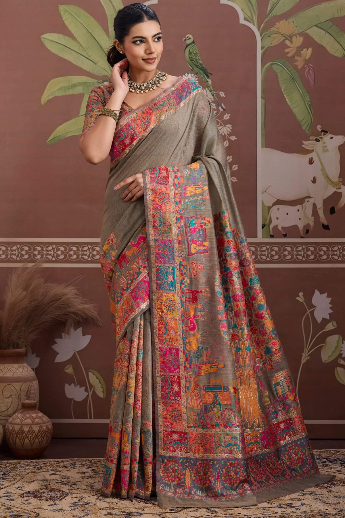 Brownish Grey Kashmiri Modal Pashmina Silk Saree
