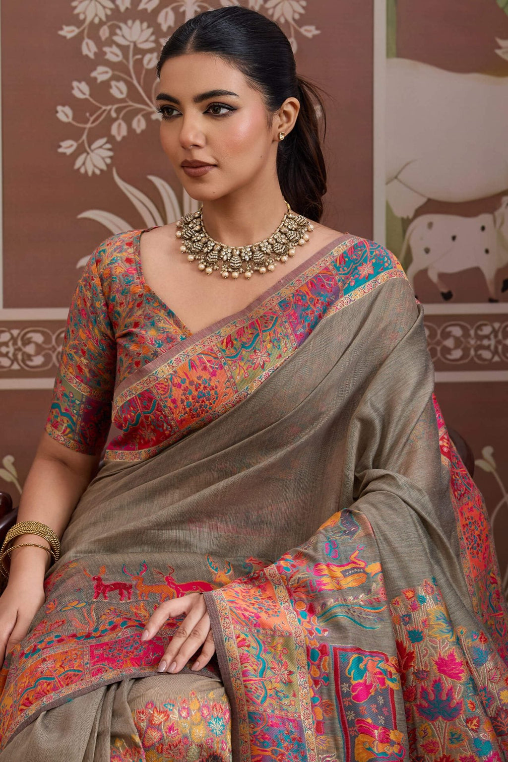 Brownish Grey Kashmiri Modal Pashmina Silk Saree