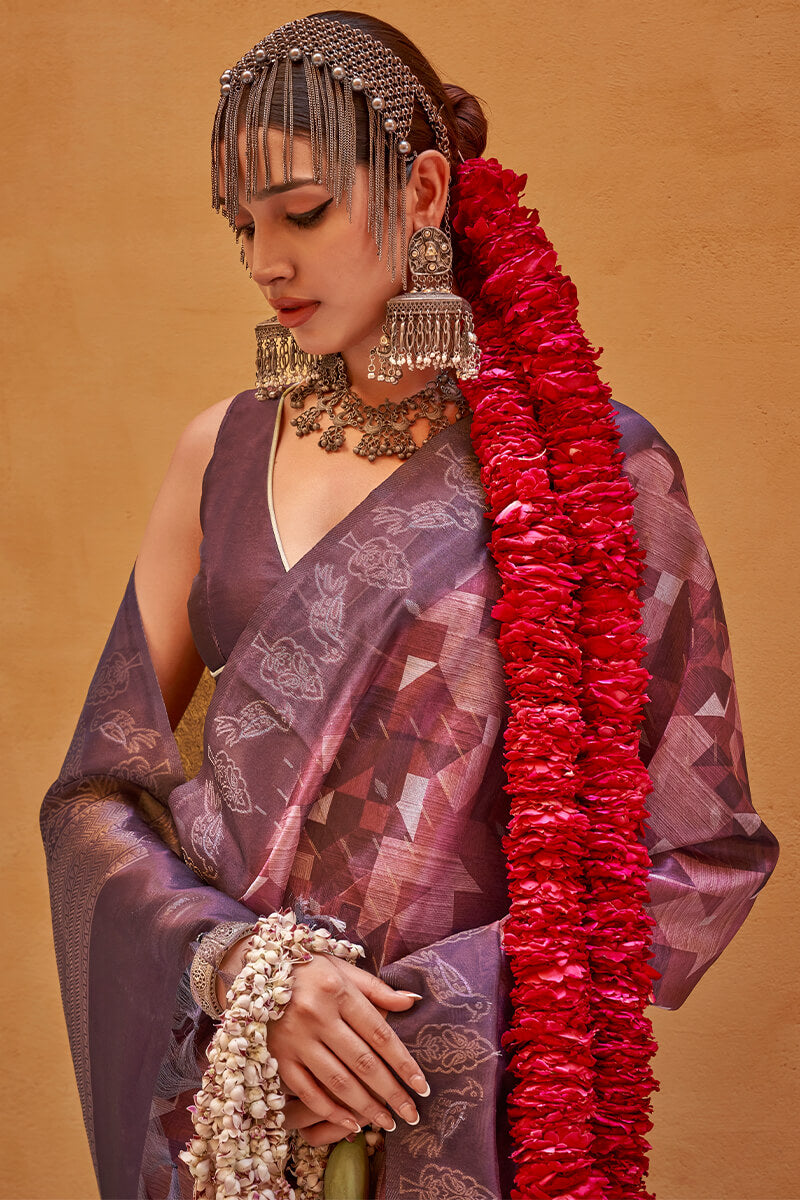 Brownish Purple Digital Printed Linen Silk Saree