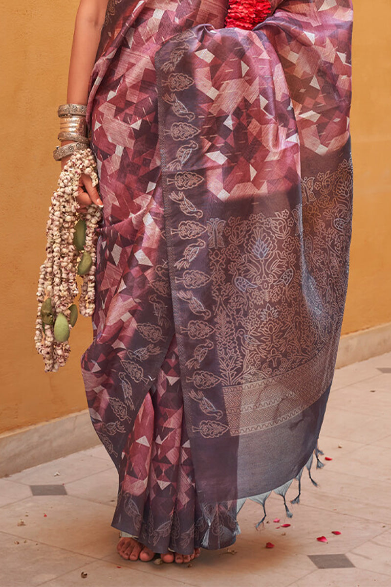 Brownish Purple Digital Printed Linen Silk Saree