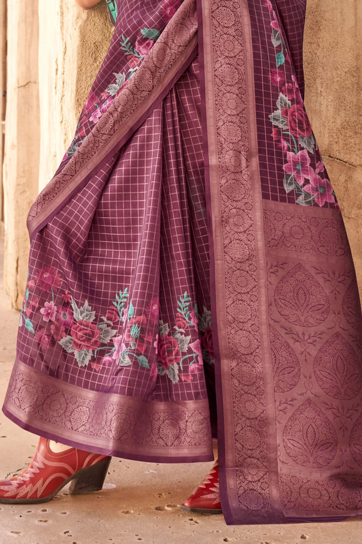 Brownish Purple Zari Woven Printed Georgette saree