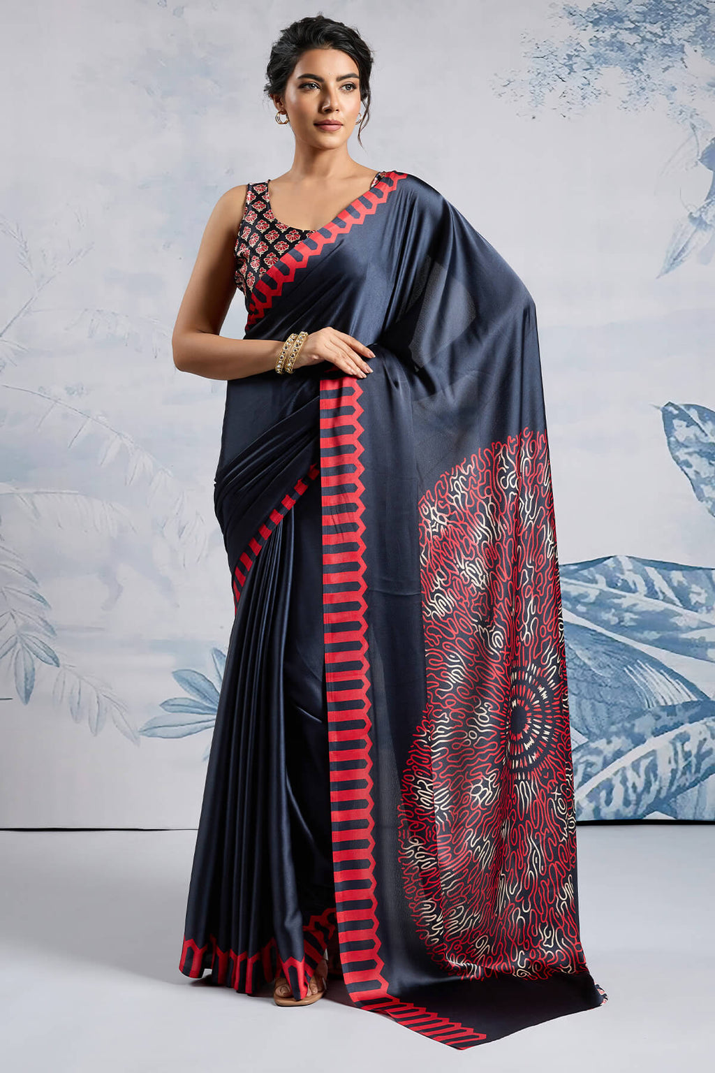 Bunker Black Ajrakh Printed Satin Crepe Silk Saree