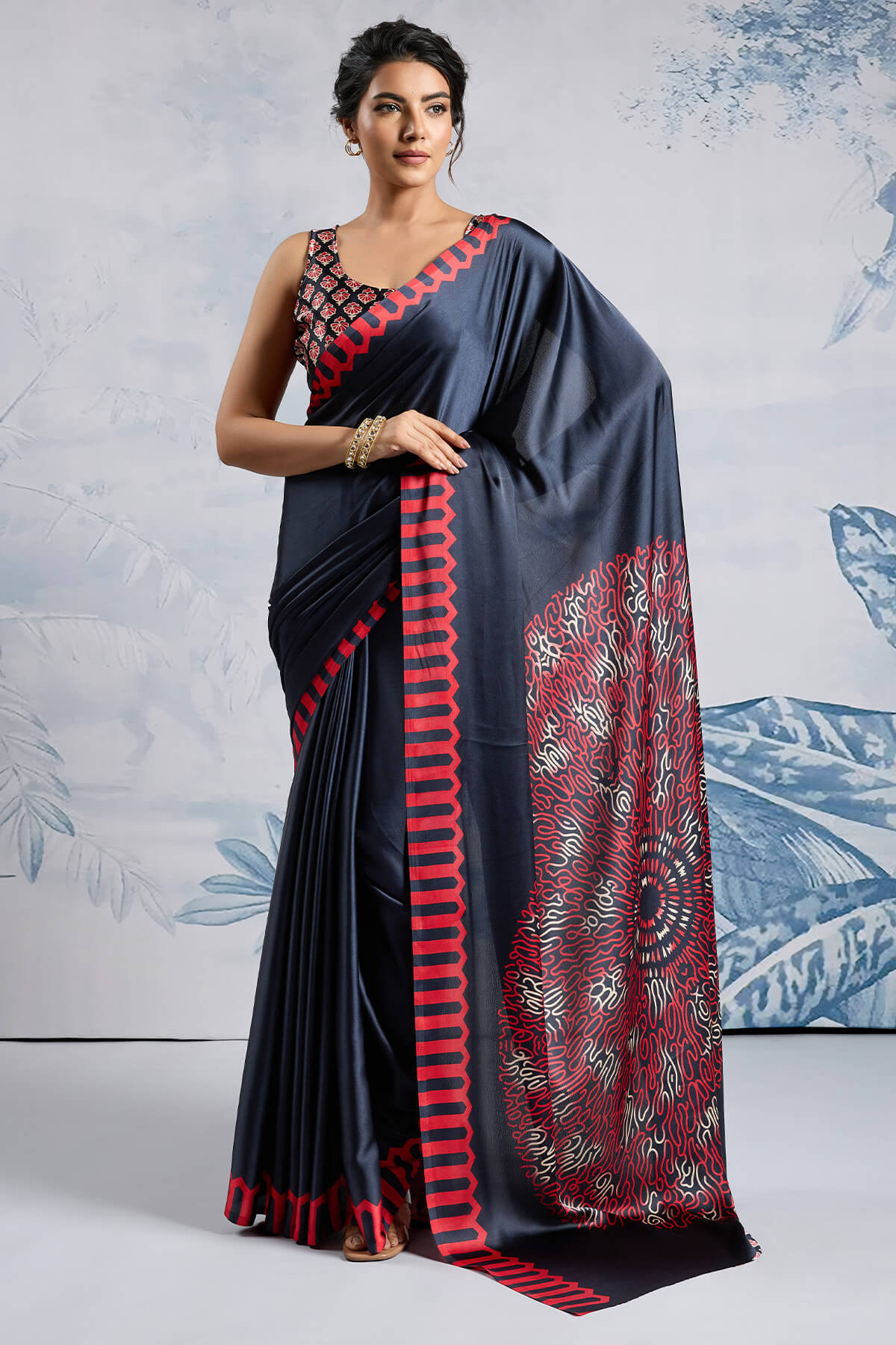 Bunker Black Ajrakh Printed Satin Crepe Silk Saree