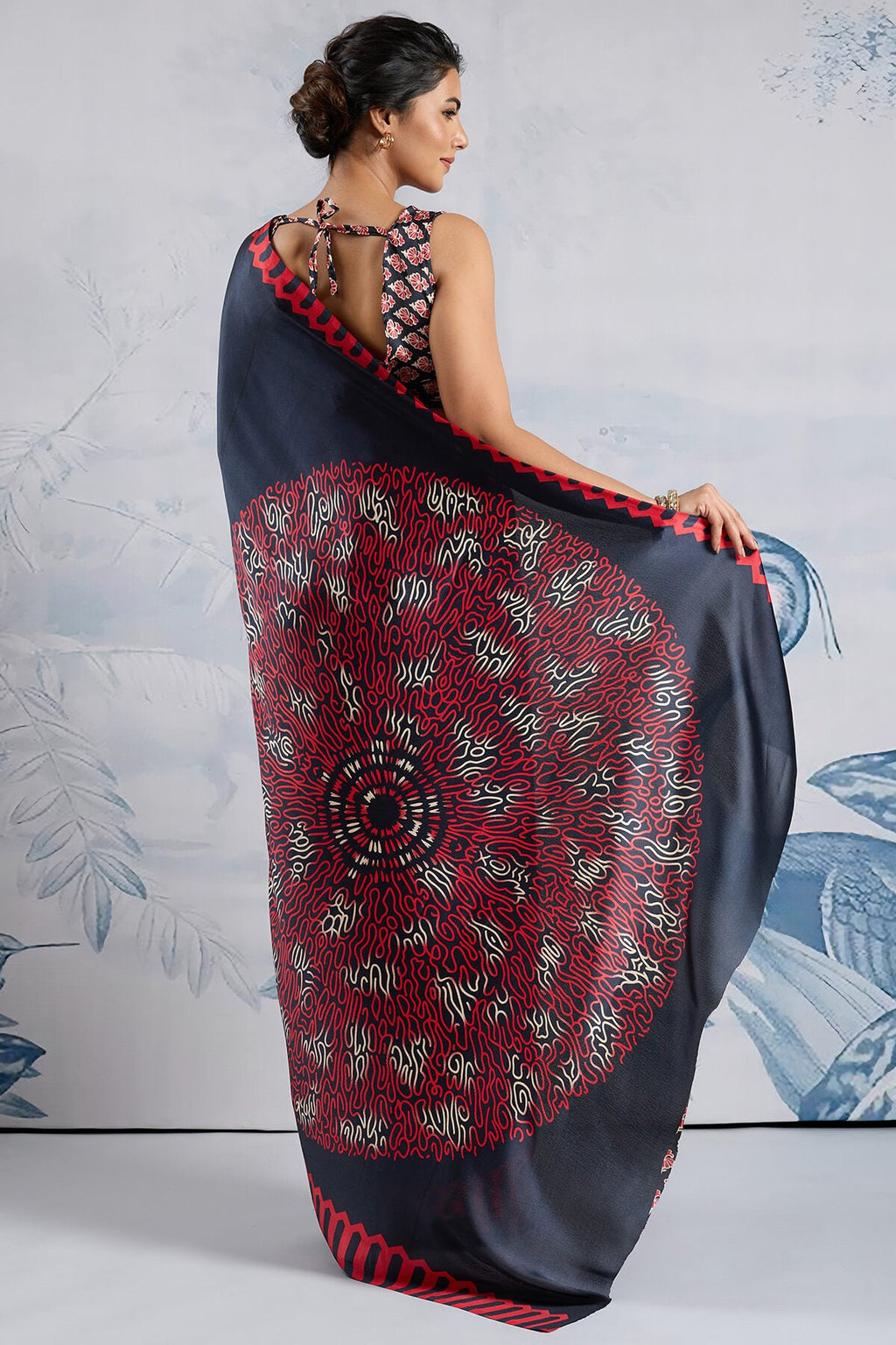 Bunker Black Ajrakh Printed Satin Crepe Silk Saree