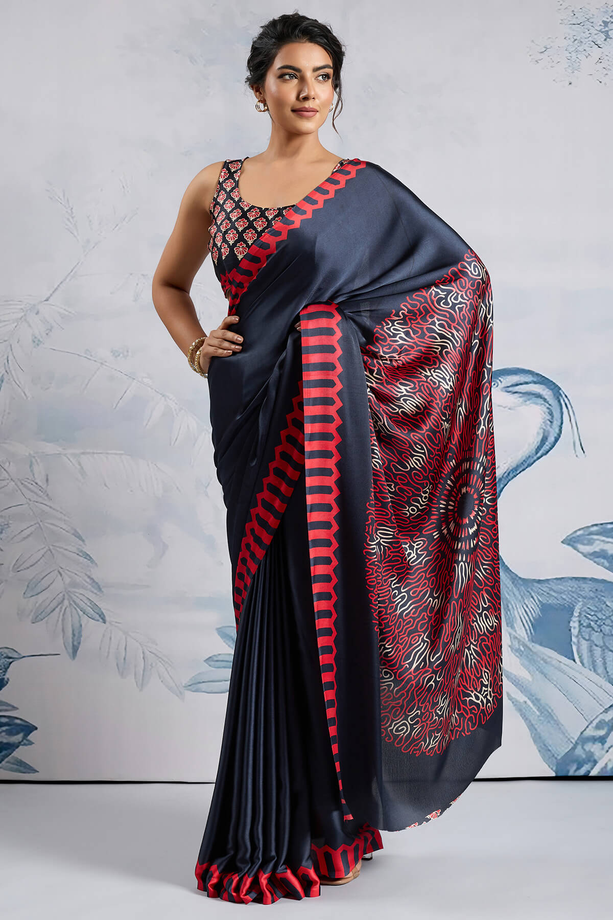 Bunker Black Ajrakh Printed Satin Crepe Silk Saree