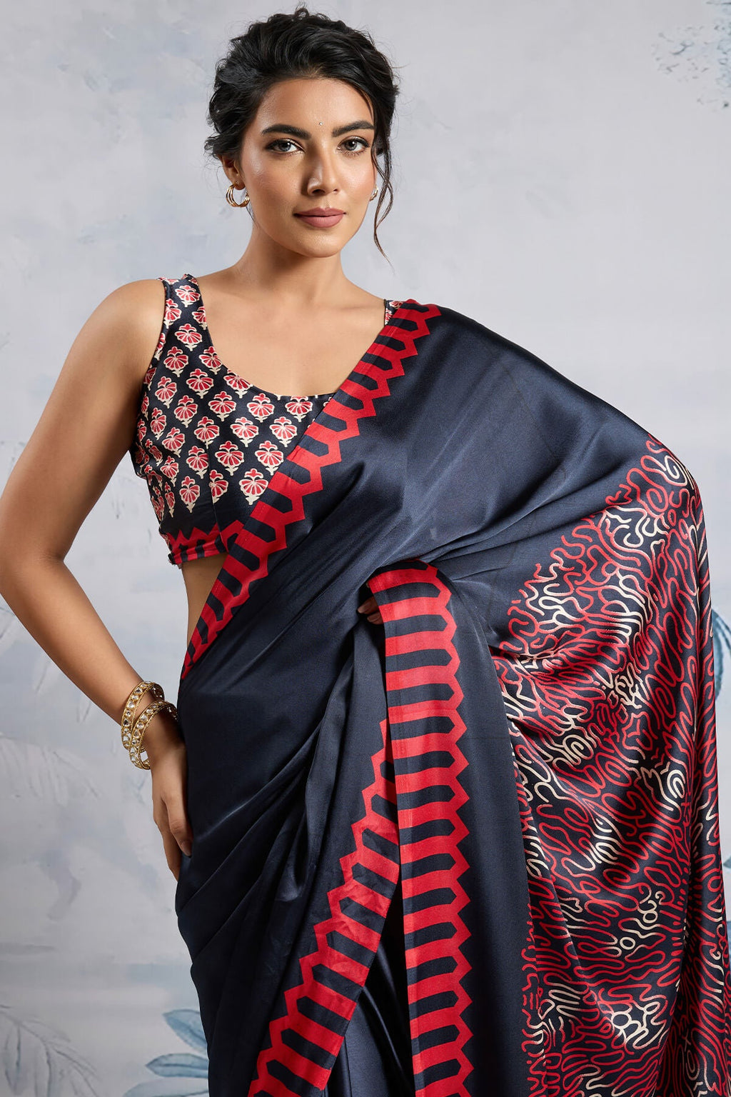 Bunker Black Ajrakh Printed Satin Crepe Silk Saree