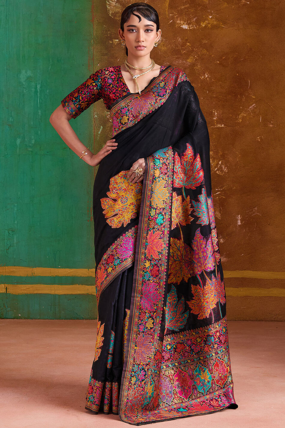 Bunker Black Kashmiri Modal Pashmina Silk Saree