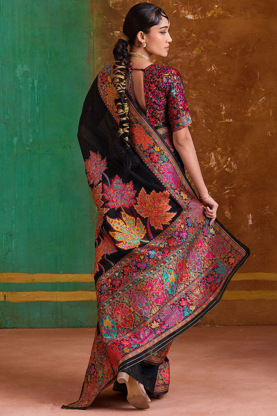 Bunker Black Kashmiri Modal Pashmina Silk Saree