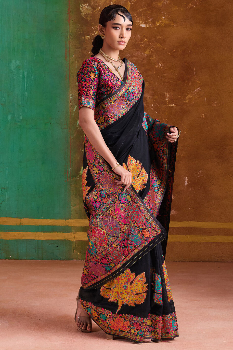 Bunker Black Kashmiri Modal Pashmina Silk Saree