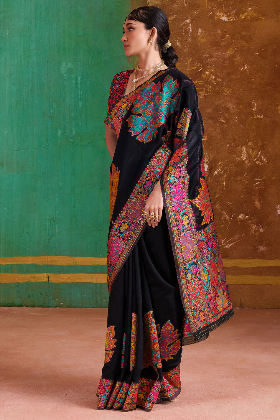Bunker Black Kashmiri Modal Pashmina Silk Saree
