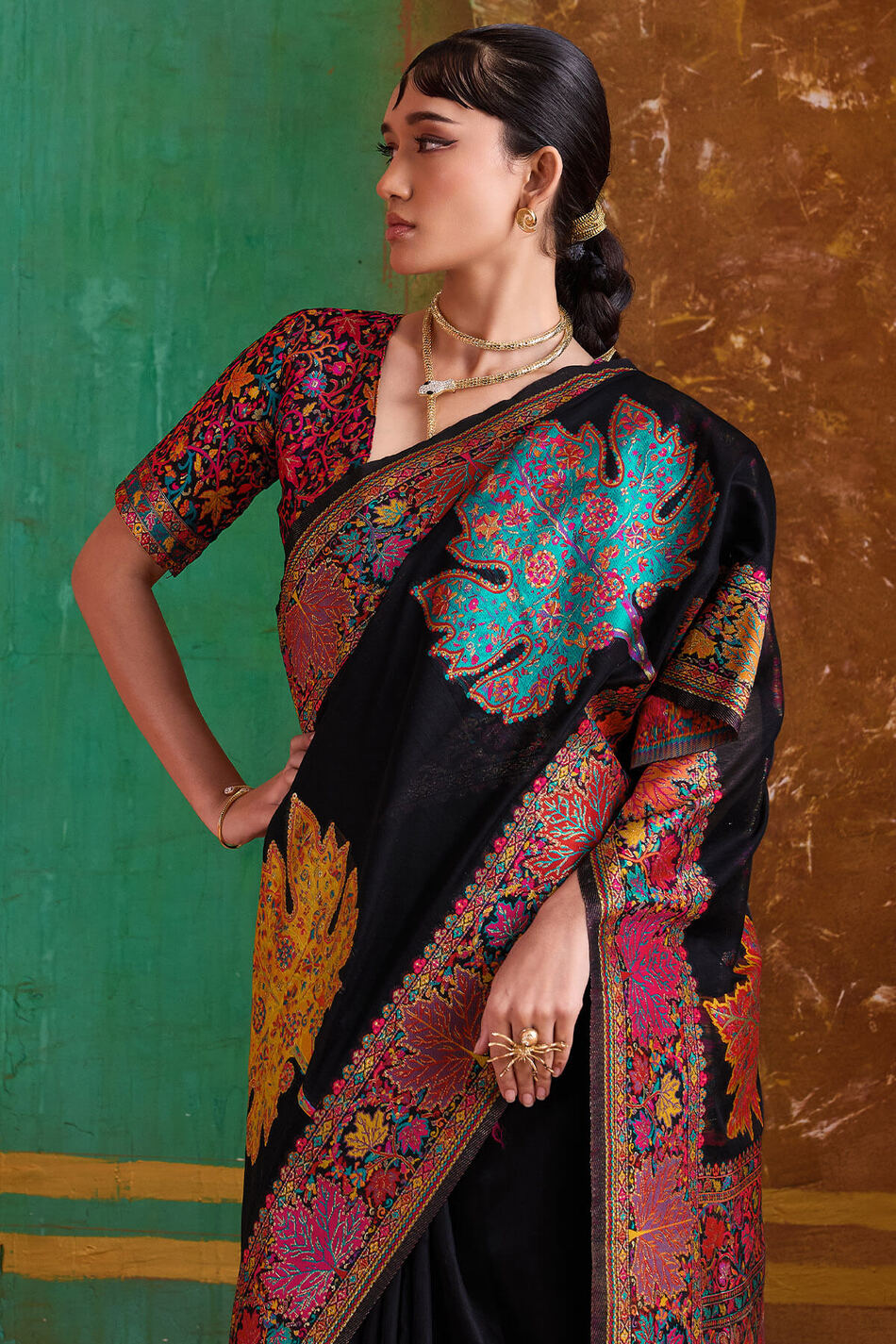 Bunker Black Kashmiri Modal Pashmina Silk Saree