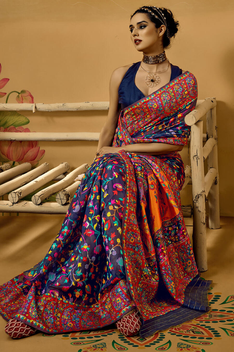 Bunting Blue Kashmiri Modal Pashmina Silk Saree