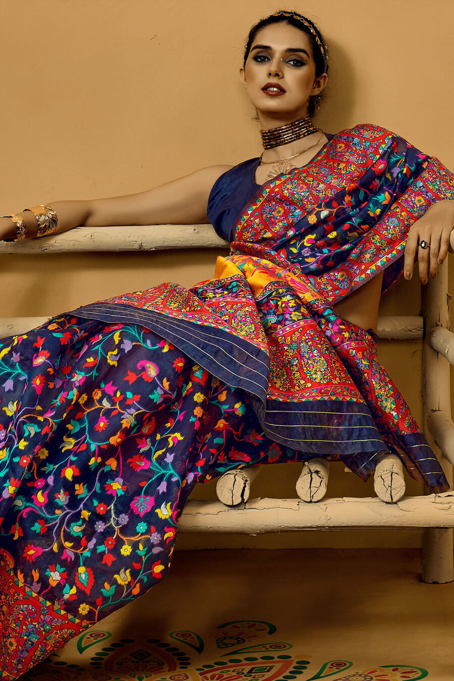 Bunting Blue Kashmiri Modal Pashmina Silk Saree