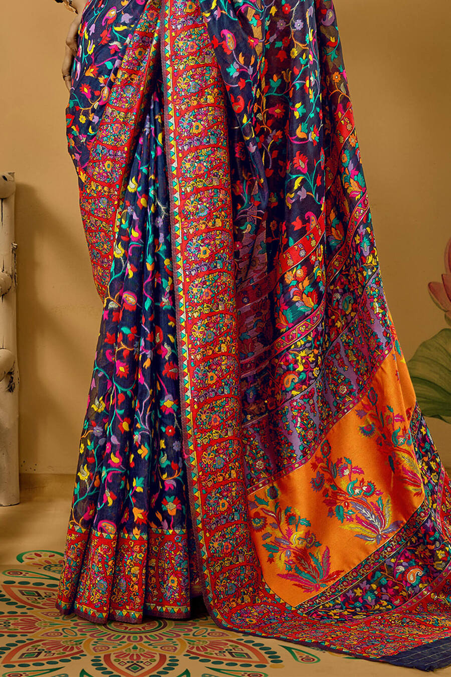 Bunting Blue Kashmiri Modal Pashmina Silk Saree