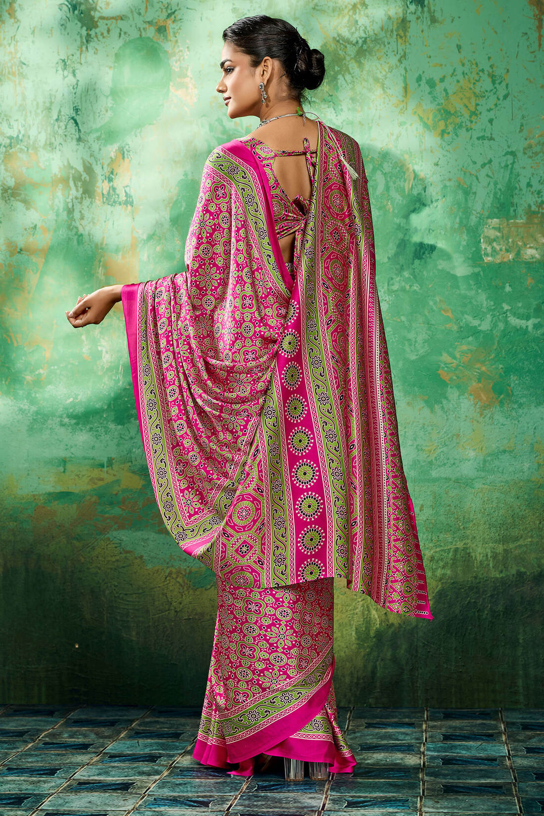 Burnt Pink Ajrakh Printed Satin Silk Saree