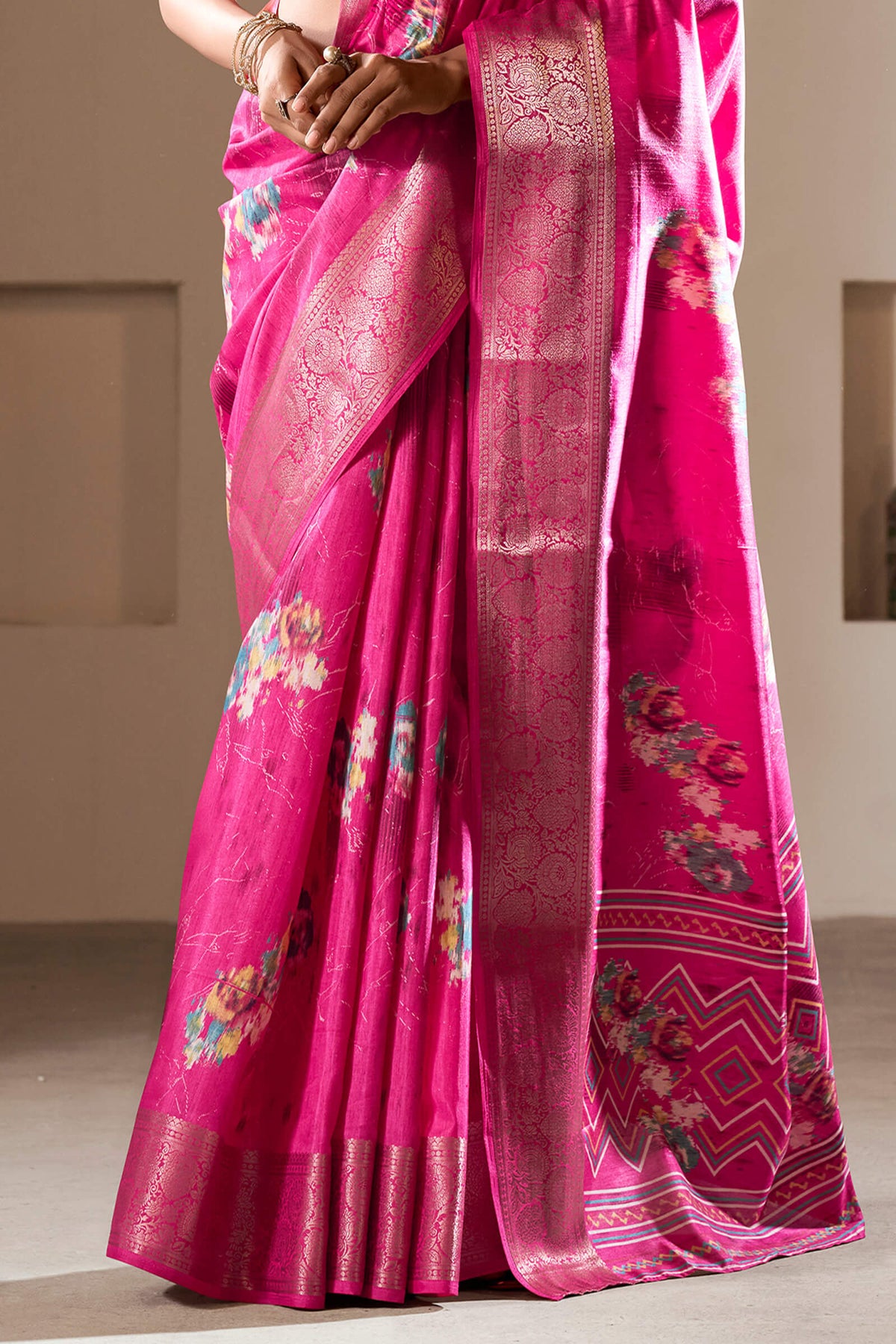 Burnt Pink Foil Printed Dola Silk Saree