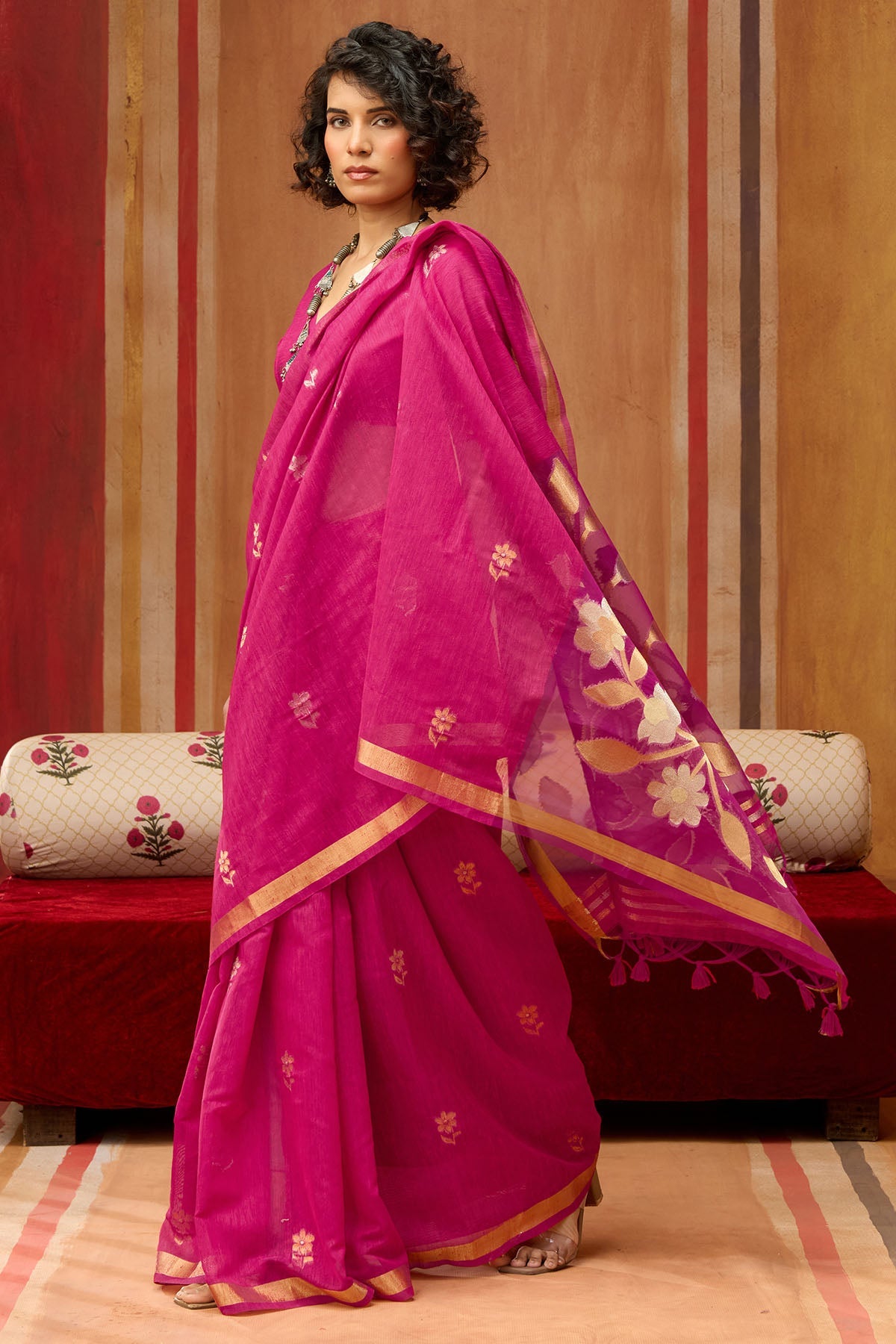 Burnt Pink Munga Cotton Silk Saree with Organza Weaving Pallu