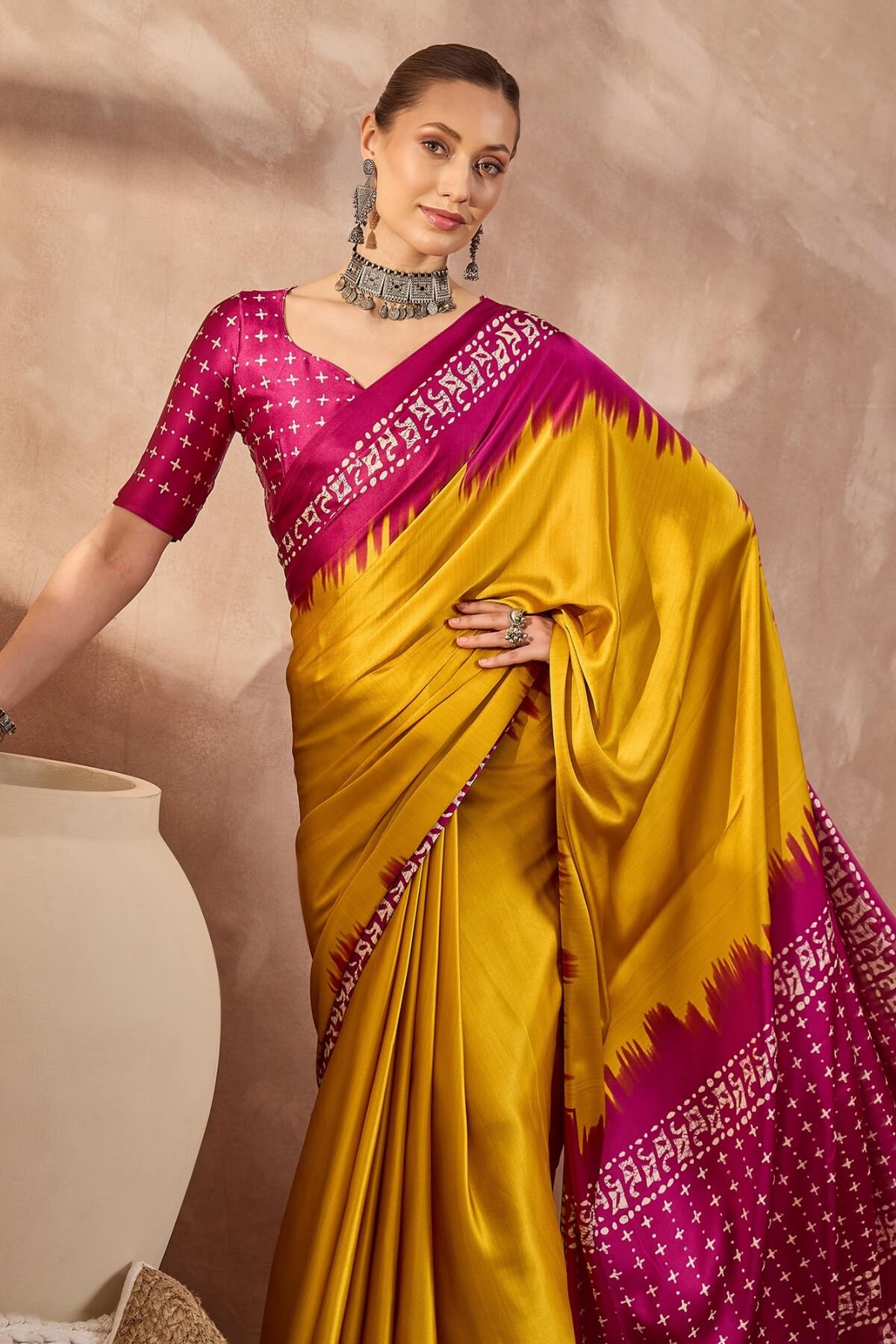 Burnt Yellow Printed Satin Silk Saree