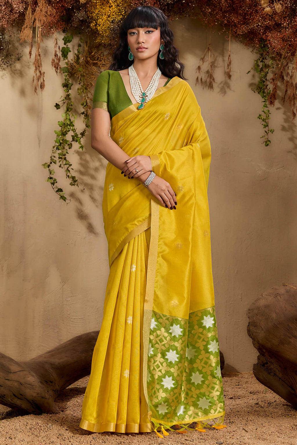 Burnt Yellow Woven Tussar Silk Saree