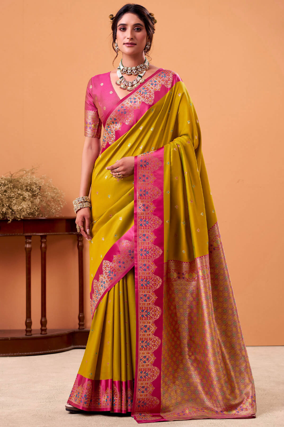 Burnt Yellow Zari Woven Satin Silk Saree
