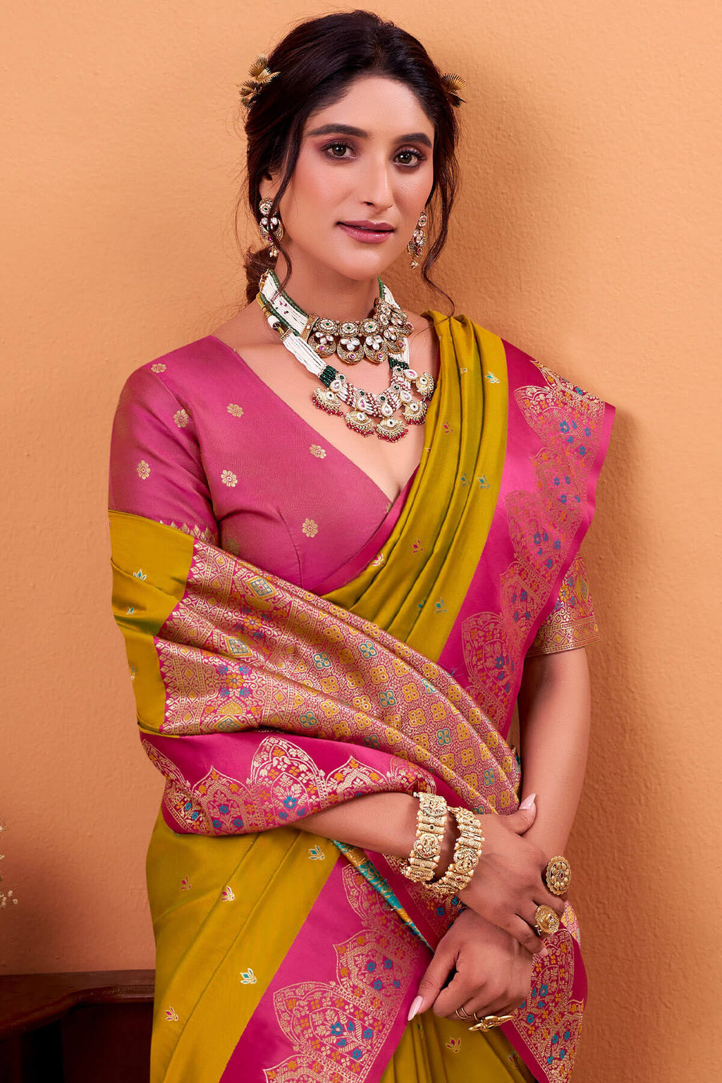 Burnt Yellow Zari Woven Satin Silk Saree
