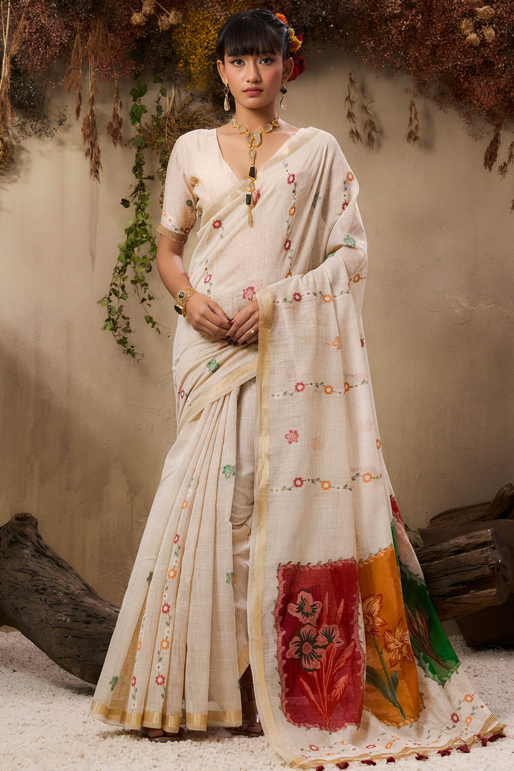 Buttermilk Beige Handloom Munga cotton Silk Saree