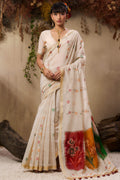Buttermilk Beige Handloom Munga cotton Silk Saree