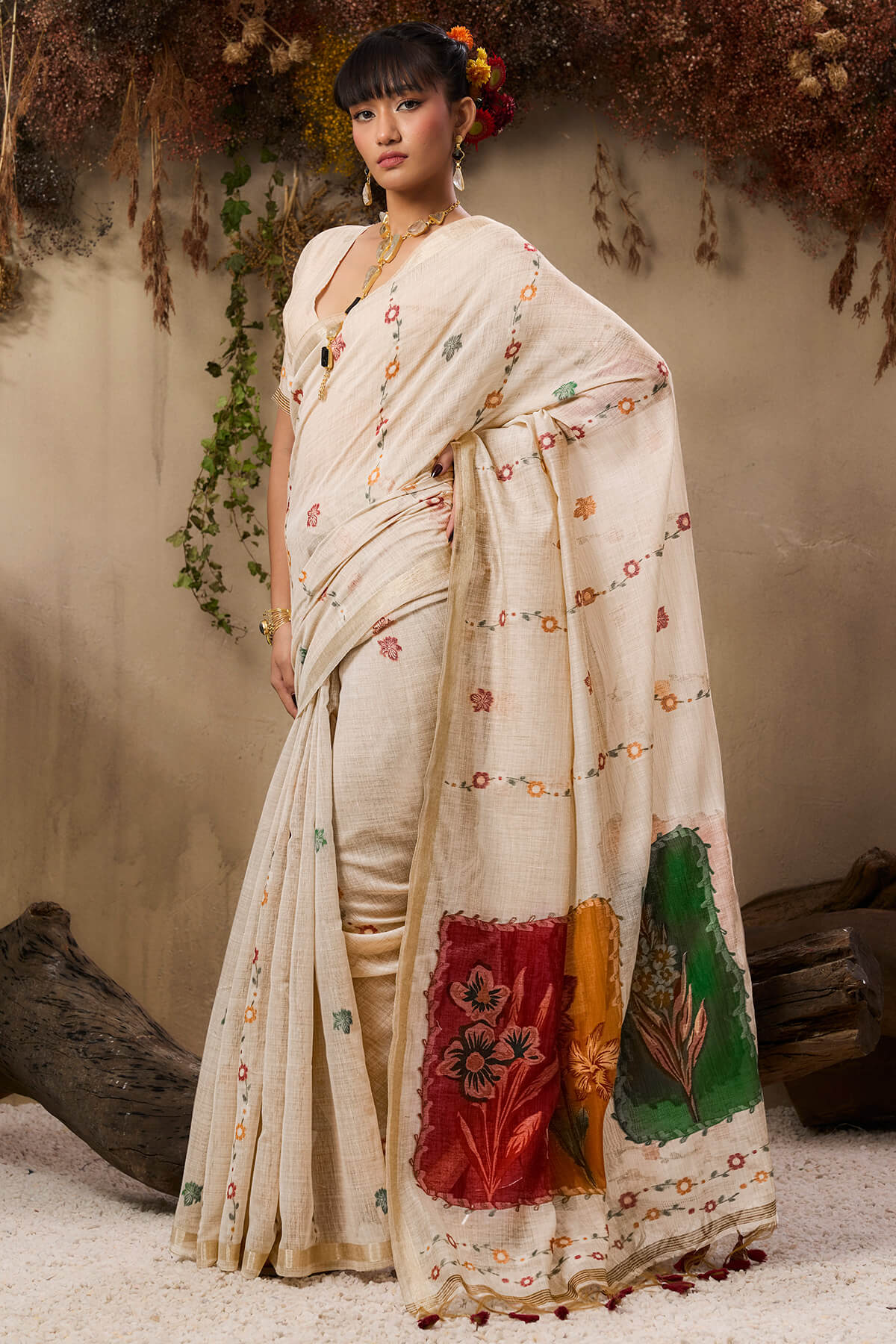 Buttermilk Beige Handloom Munga cotton Silk Saree