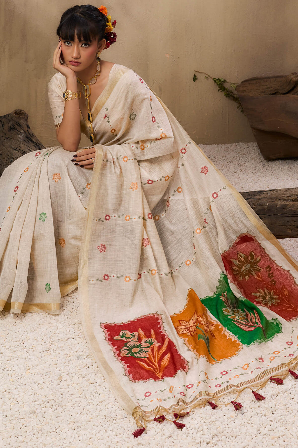 Buttermilk Beige Handloom Munga cotton Silk Saree