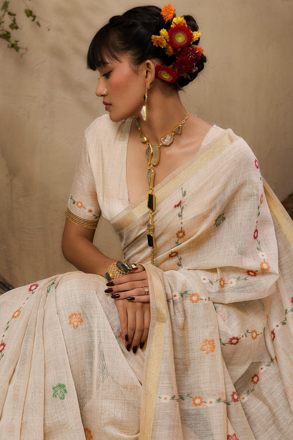 Buttermilk Beige Handloom Munga cotton Silk Saree