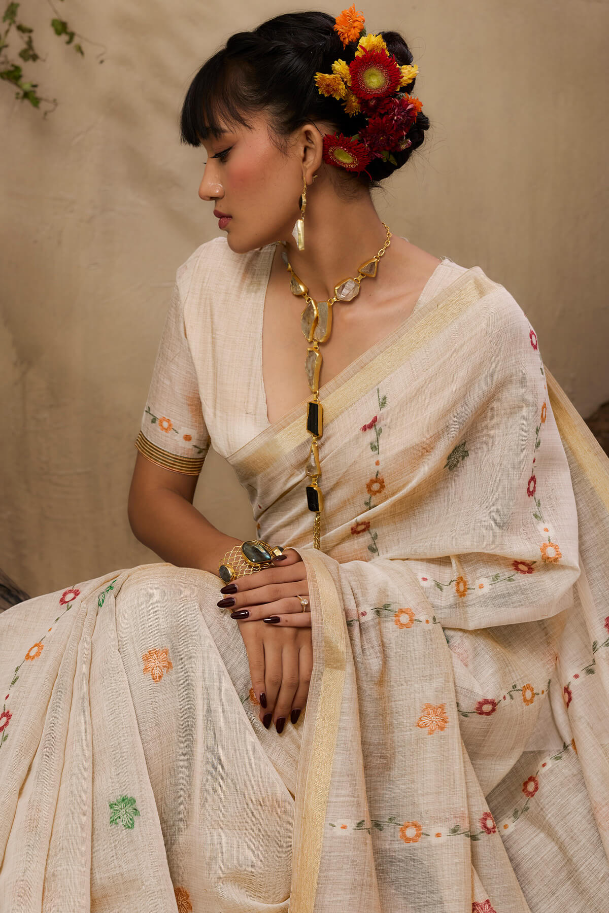 Buttermilk Beige Handloom Munga cotton Silk Saree