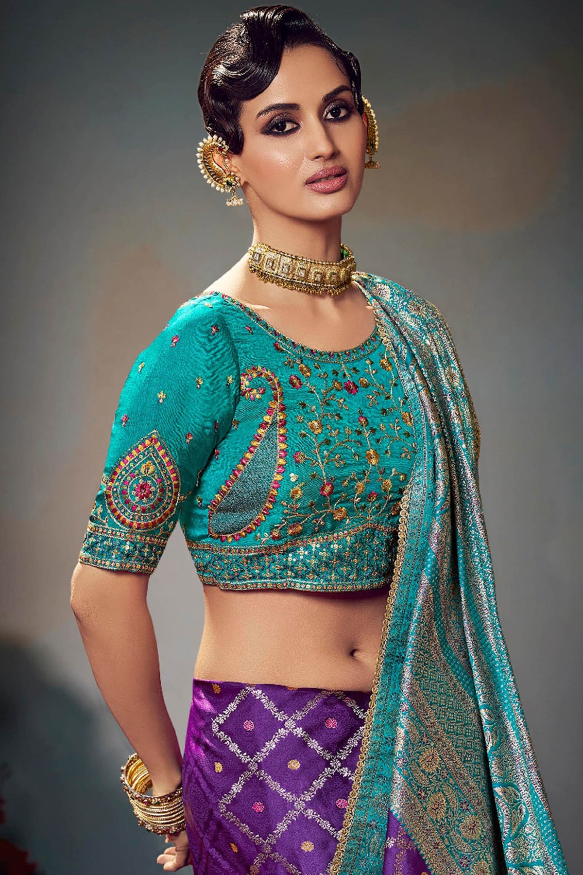 Byzantium Purple Banarasi Satin Silk Saree With Fancy Lace Border and Embroidery Blouse