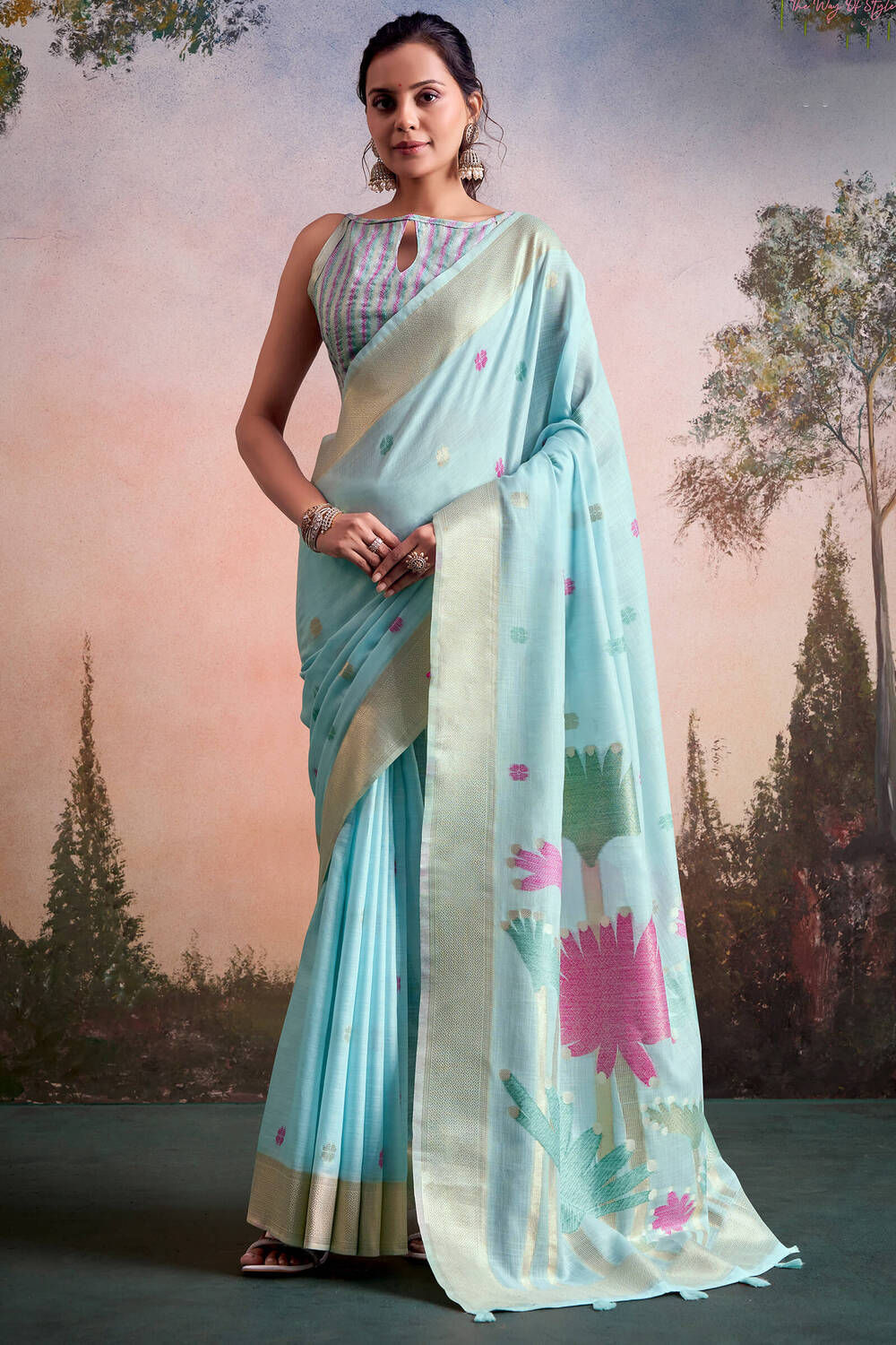 Cadet Blue Linen Silk Saree