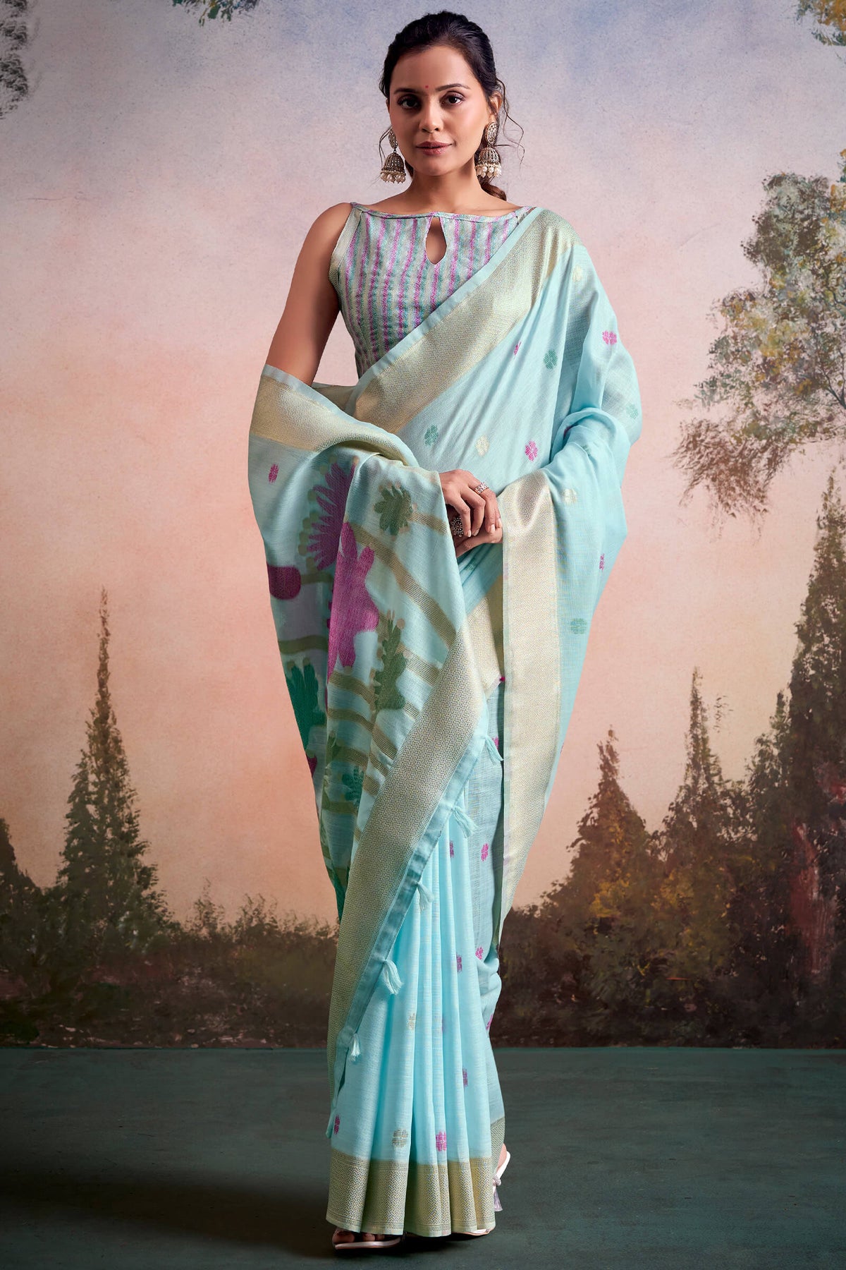 Cadet Blue Linen Silk Saree