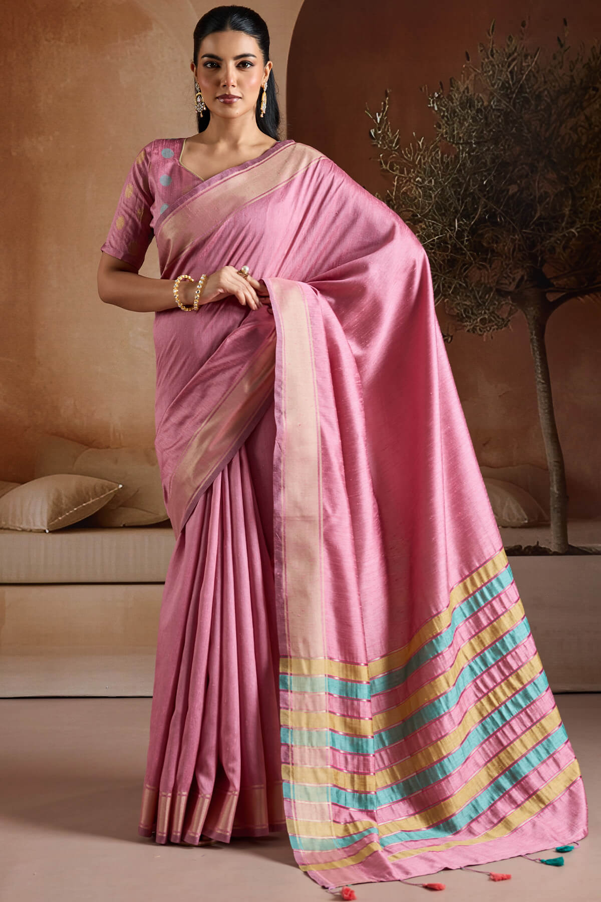 Cadillac Pink Bhagalpuri Silk Saree